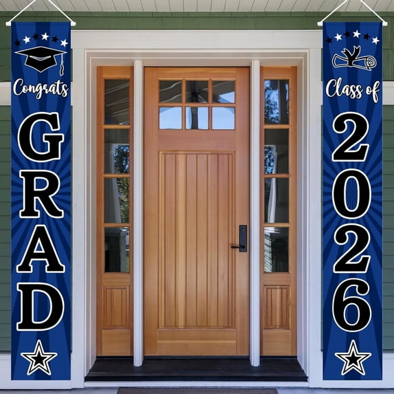 2Pcs 2026 Graduation Decorations, Congrats Grad Porch Banner for Any Schools or Grades 2026 Graduation Party Decorations, 12"x71" (2Pcs_Black)