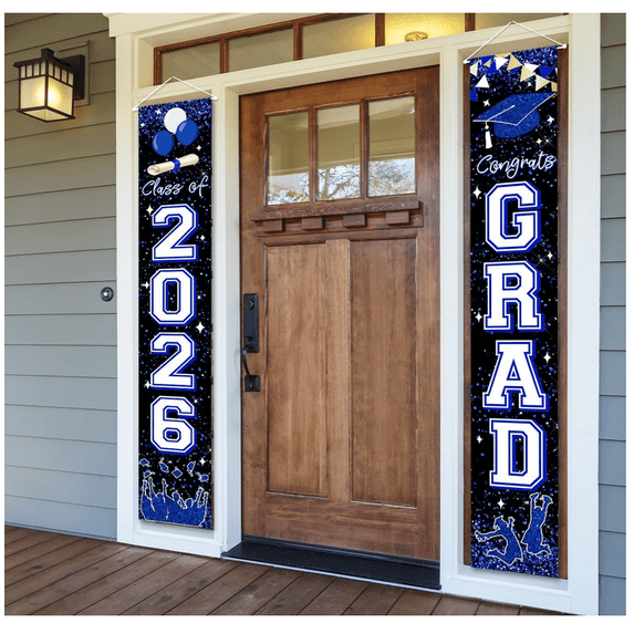 2Pcs 2026 Graduation Decorations, Congrats Grad Porch Banner for Any Schools or Grades 2026 Graduation Party Decorations, 12"x71" (2Pcs_Blue)