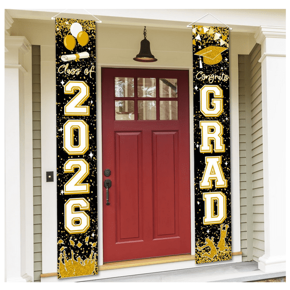 2Pcs 2026 Graduation Decorations, Congrats Grad Porch Banner for Any Schools or Grades 2026 Graduation Party Decorations, 12"x71" (2Pcs_Gold)
