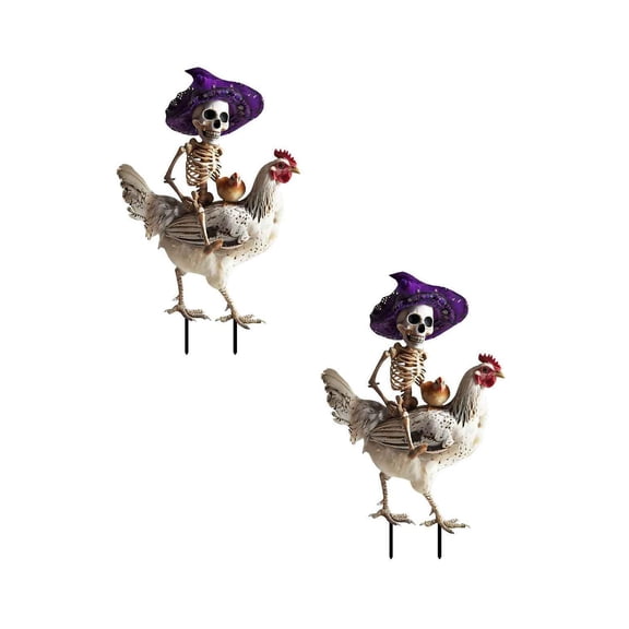 2Pcs 2026 New Skeleton Riding Rooster Garden Stake, Plane Realistic Halloween Winged Chicken Ornament Garden Stakes, Metal Chicken Decorative, Suitability For Garden, Yard, Lawn, Outdoor Decor 2026