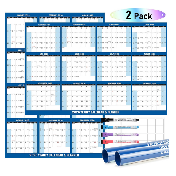 2Pcs 2026 Wall Calendar Large Dry Erase Calendar for Wall Erasable Laminated 12 Month Wall Planner Yearly Annual Calendar Reversible Horizontal/Vertical Office Classroom Home