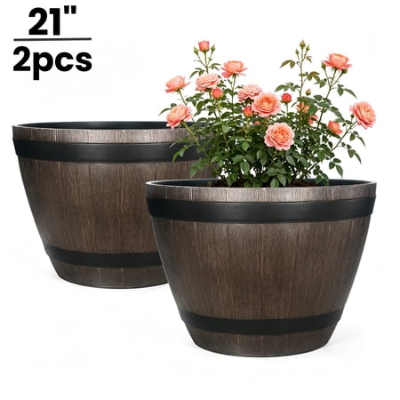 2Pcs 21" PVC Whiskey Planters - Extra-Large Drainage Hole Design, Rustic Outdoor/Indoor Garden Barrel Pots for Trees/Shrubs (Brown)