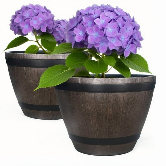2Pcs 21" PVC Whiskey Planters - Extra-Large Drainage Hole Design, Rustic Outdoor/Indoor Garden Barrel Pots for Trees/Shrubs (Brown)