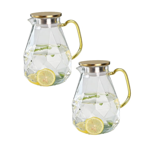 2Pcs 2200Ml Large Borosilicate Glass Water Pitcher With Gold Lid Pattern Design Heat Glass Carafe With Handle For Hot/Cold Water Iced Juice And Beverage Serving Glass&Bottle