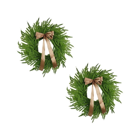 2Pcs 22Inch Real Touch Norfolk Pine Wreath Christmas Decorations for Front Door, Artificial Plants Green Christmas Wreath with Lights Home Decor, Xmas Decor for Mantel Wall Holiday Winter Decor