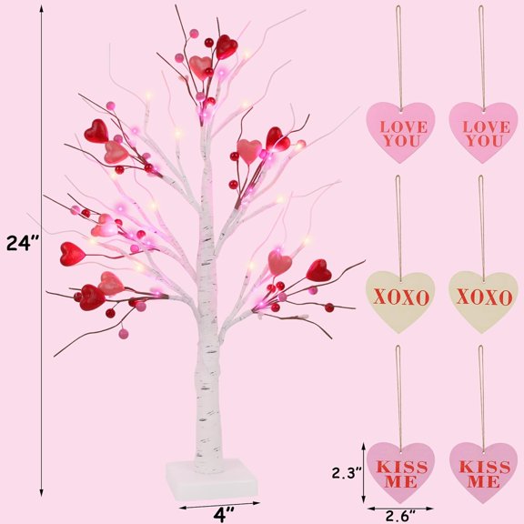 2Pcs 24 Inch Valentines Day Birch Tree Lights, Artificial Branch Tree Hanging Heart Ornaments, Pre-Lit Tabletop Bonsai Tree Light, Lighted Branches for Home Wedding Party Table Mantle Decor