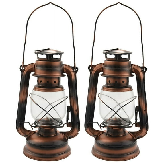 2Pcs 25cm Iron Antique Bronze Oil Lanterns (Cover) Nostalgic Portable Outdoor Camping Lamp Leak Proof Seal Camping Light