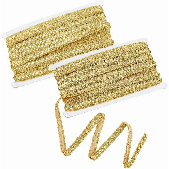 2Pcs 26m(28.44 Yards) Gold Sparkle Metallic Polyester Ribbon 11mm Wide Centipede Trim with PVC Round Plastic Paillette Sequin Braid Cord Garment Braid Accessories for DIY Clothes Gold DIY