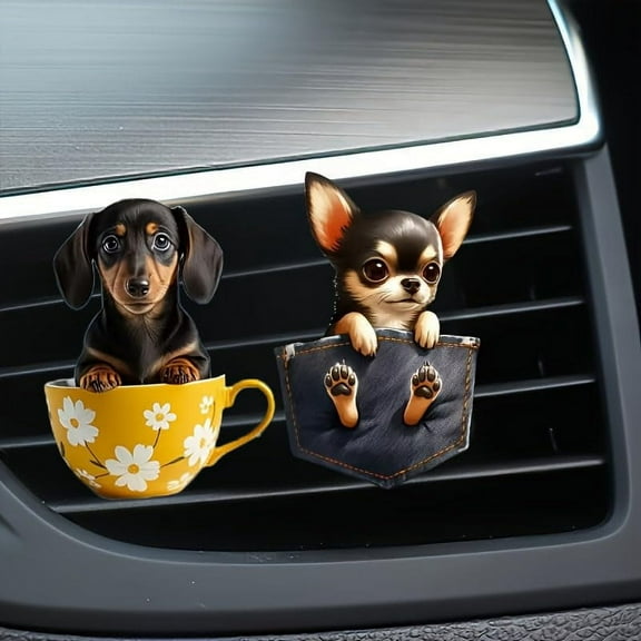 2Pcs 2D Acrylic Car Air Vent Freshener Cute Cartoon Chihuahua & Dachshund Dog Designs, Solid Scented Decoration for Car AC Vents, Long-Lasting Fragrance, Fun Accessory