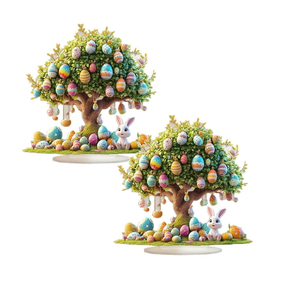 2Pcs 2D Acrylic Easter Egg Tree Desktop Decoration, Spring Holiday Ornament for Home Tabletop, Festive Party Decor, Colorful Egg Display for Seasonal Celebrations