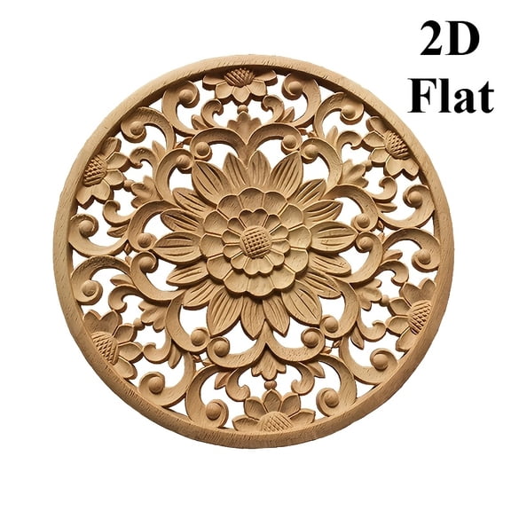 2Pcs 2D Flat Wooden Carved Panels, 7.9" Ornate Round Wood Appliques, Lotus Hollow Design, Wood Flowers for Crafts, Medallion Wall Decor, Carved Wood Cabinet, Home Wall Decoration