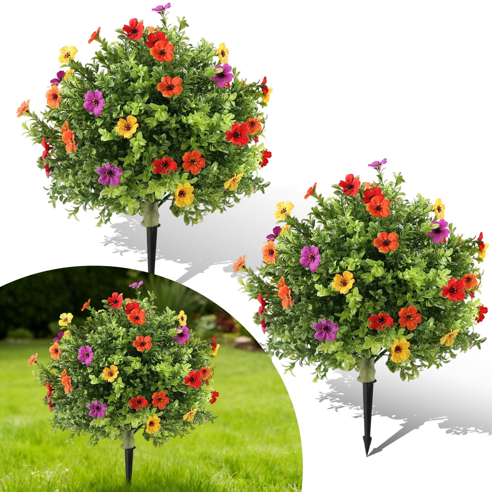 2Pcs 2FT Artificial Boxwood Topiary Ball Trees with Purple & Red ...