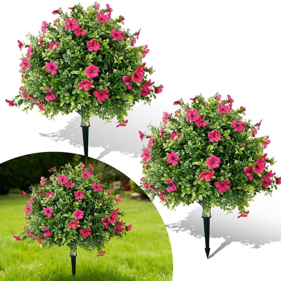 2Pcs 2FT Artificial Boxwood Topiary Trees with Red Silk Flowers, UV Resistant Outdoor Fake Shrubs with Ground Spikes for Garden, Porch, Indoor Outdoor Decor