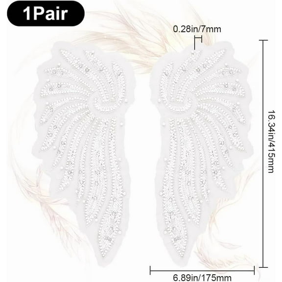2Pcs 2Styles Angel Wings Applique 3D Large Pearl Beaded Sequin Lace Appliques Rhinestone White Embroidered Sew on Tulle Patches for Sewing Making Crafts Gowns Dress Clothes Wedding Supply