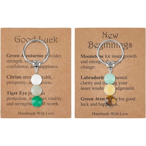 2Pcs 2Styles Natural Bead Keychain Gemstones Charm Alloy Key Chain Zodiac Keychain Gift with Iron Keyrings for Women Men Length: 5.1cm