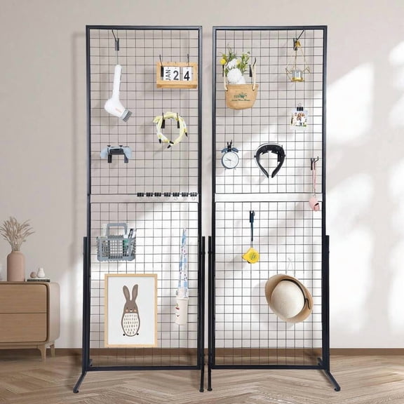 2Pcs 2x5.6ft Grid Wall Panels Tower, 2 Packs Wire Gridwall Display Racks With T-Base Floorstanding, Double Side Gridwall Panels For Art Craft Shows