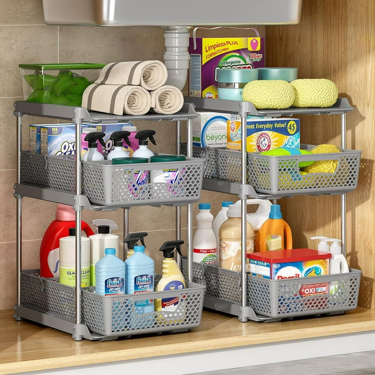 2Pcs 3 Tier Adjustable Bathroom Organizers Under Sink Storage with Sliding Drawers Kitchen Pantry Grey Walmart