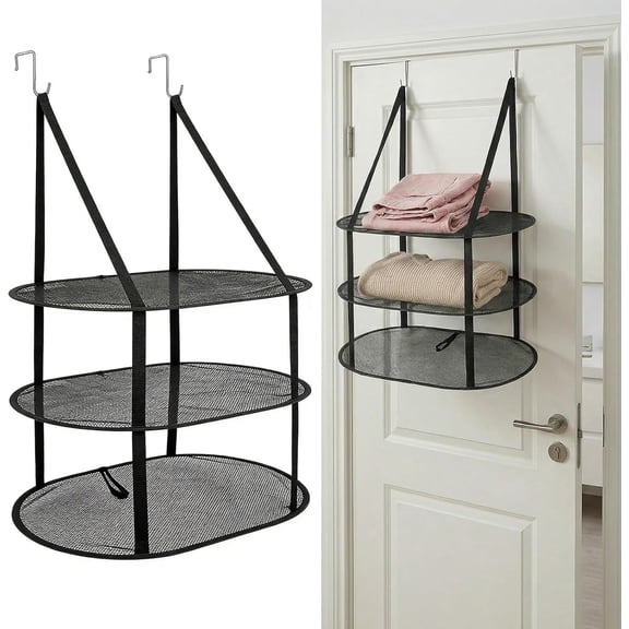 2Pcs 3 Tier Drying Rack, Foldable Hanging Over the Door Drying Rack Clothing, Clothing Racks for Hanging Clothes, Laundry Room Organization, Portable for Laundry Room, Dorms (Black)