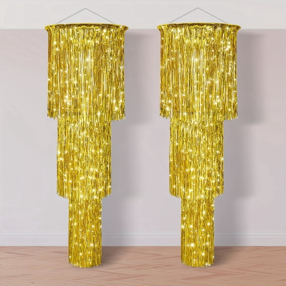2Pcs 3-Tier Golden Shimmering Chandelier Ornaments, 4Ft Metallic Tassel Lampshade, Glittering Party Decorations, Perfect for Weddings, Birthdays, Anniversaries & New Year's Eve
