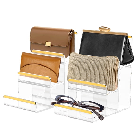 2Pcs 3 Tier Vertical Acrylic Display Stand Organiser With Fence Effortless Maintenance Compact Clear Purse Display Shelf for Retail Vendor Dressing Table Countertop