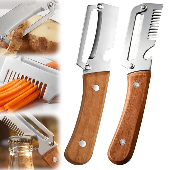 2Pcs 3-in-1 Multi-function Vegetable Peeler, Kitchen Multi-function Stainless Steel Thickened Fruit Peeler Knife with Wooden Handle,Two different styles to meet different needs(2PCS)
