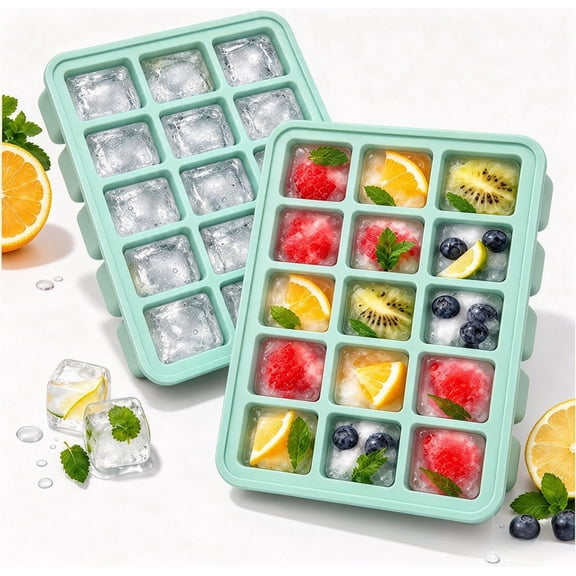 2Pcs 30 Cavity Silicone Ice Cube Trays with Lid,Stackable Reusable Freezer Ice Molds,Food,Cocktail-Green