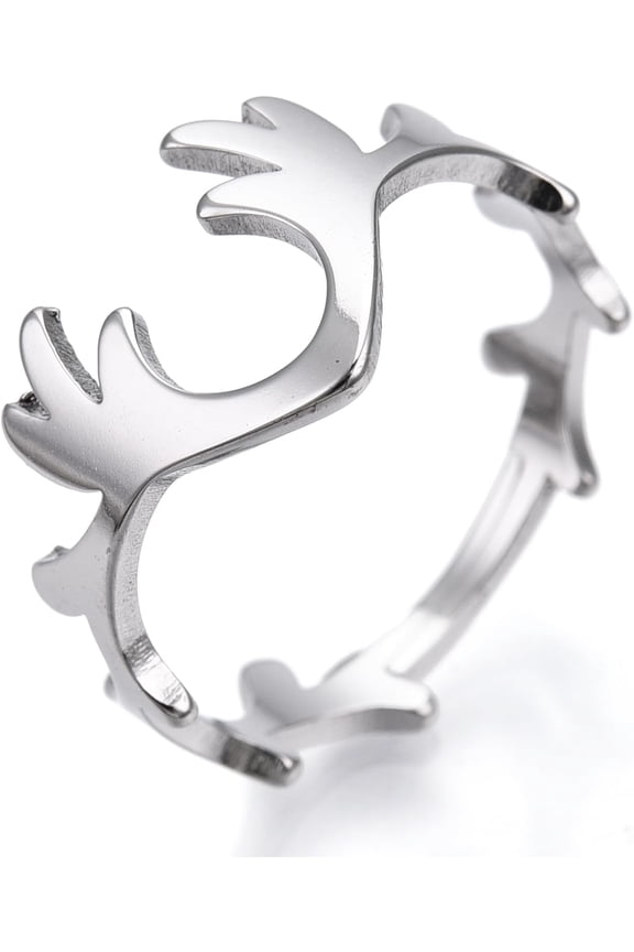 2Pcs 304 Stainless Steel Deer Antler Adjustable Ring Stainless Steel Color Ring Stackable Rings for Women Festival Elegant Gifts DIY Personalized Jewelry US Size 6 1/2(16.9mm) Silver