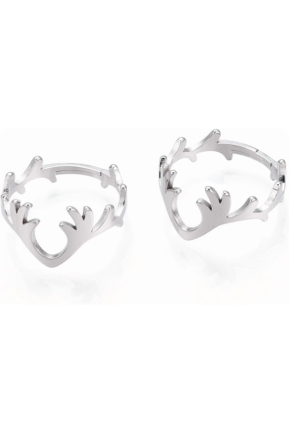 2Pcs 304 Stainless Steel Deer Antler Adjustable Ring Stainless Steel Color Ring Stackable Rings for Women Festival Elegant Gifts DIY Personalized Jewelry US Size 6 1/2(16.9mm)