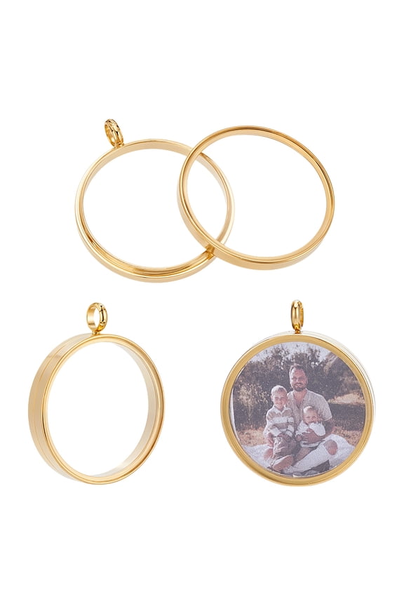 2Pcs 304 Stainless Steel Locket Pendants with Glass Flat Round Charm Real 18K Gold Plated 41x34x6mm Hole: 5mm