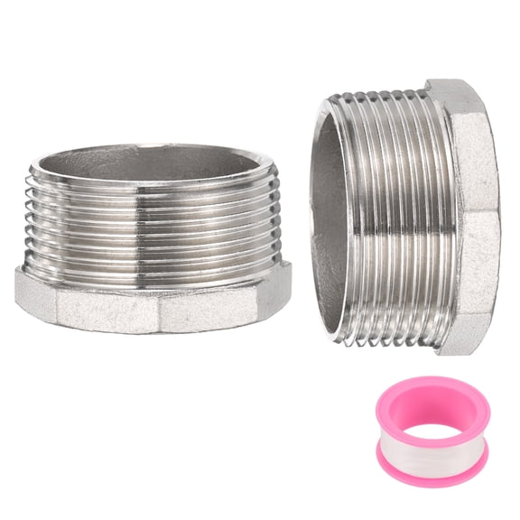 2Pcs 304 Stainless Steel Reducer Hex Bushing G1-1/2" Male x G1-1/2" Female Threaded Reducing Pipe Adapter with PTFE Tape