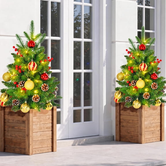 Outdoor Christmas Trees Prelit 2Pcs 30 inch Lighted Porch Christmas Trees 120 LED Warm Light Lighted Pathway Flowerpot Christmas Trees with Timer Function Auto On/Off 8 Mode Lighting
