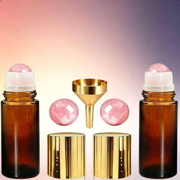 2Pcs 30ml Amber Glass Roller Bottles, Rose Quartz Refillable Essential Oil Perfume Bottles, With Metal Funnel, No Bottle Opener, Leakproof Portable Cosmetic Vessel