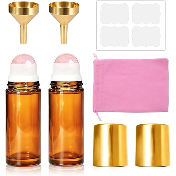 2Pcs 30ml Amber Glass Roller Bottles, Rose Quartz Refillable Essential Oil Perfume Bottles, With Metal Funnel, No Bottle Opener, Leakproof Portable Cosmetic Vessel