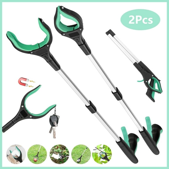 2Pcs 32'' Grabber Reacher Tool, Foldable Grabber Reaching Tool, Lightweight Trash Picker Upper Tool for Elderly with Anti-Slip Rotating Rubber Gripper,Green