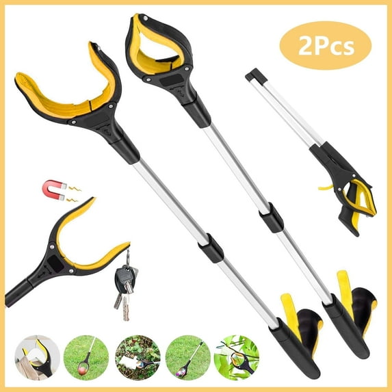 2Pcs 32'' Grabber Reacher Tool, Foldable Grabber Reaching Tool, Lightweight Trash Picker Upper Tool for Elderly with Anti-Slip Rotating Rubber Gripper,Yellow
