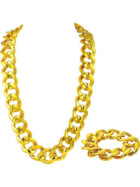 2Pcs 35.43 Inch/90cm Chunky Gold Necklace Costume Rapper Necklace Big Thick Cuban Acrylic Punk Style 80s 90s Link Chain Bracelet Kit Accessory for Clothing Costumes Bar Party DIY Decoration