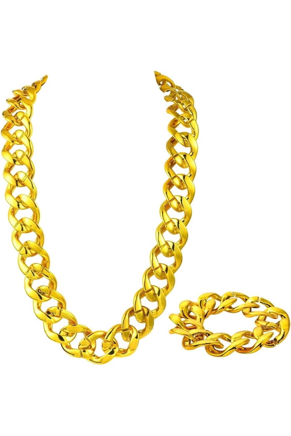 2Pcs 35.43 Inch/90cm Chunky Gold Necklace Costume Rapper Necklace Big Thick Cuban Acrylic Punk Style 80s 90s Link Chain Bracelet Kit Accessory