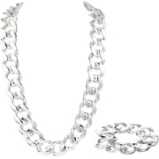 2Pcs 35.43 Inch/90cm Cuban Link Costume Necklace Silver Chunky Chain Necklace Acrylic Big Thick 80s 90s Rapper Punk Style Bracelet Kit Accessory for Clothing Costumes