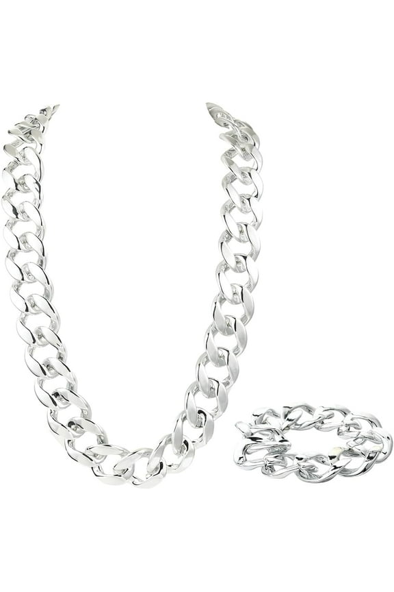 2Pcs 35.43 Inch/90cm Cuban Link Costume Necklace Silver Chunky Chain Necklace Acrylic Big Thick 80s 90s Rapper Punk Style Bracelet Kit Accessory for DIY