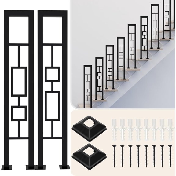 2Pcs 35.4in U-Shaped Stair Handrail, Matte Black Hand Rail with Square Pattern, Wrought Iron Outdoor Stair Railing for Porches, Decks, Fences, Black