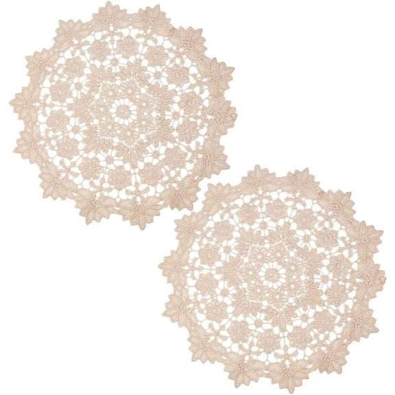 2Pcs 35cm Diameter Lace Doilies Large Round Crochet Lace Coasters Vintage Beige Floral Leaves Embroidery Table Place Mats for Kitchen Dining Room Cup Bowl Pot Wedding Birthday Decoration for DIY