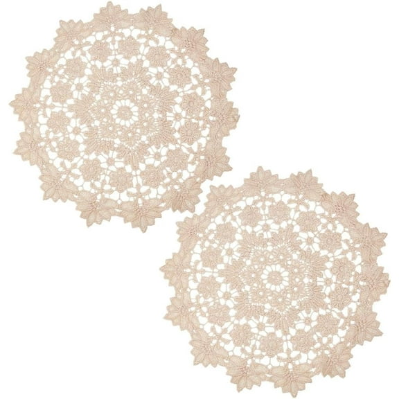 2Pcs 35cm Diameter Lace Doilies Large Round Crochet Lace Coasters Vintage Beige Floral Leaves Embroidery Table Place Mats for Kitchen Dining Room Cup Bowl Pot Wedding Birthday Decoration