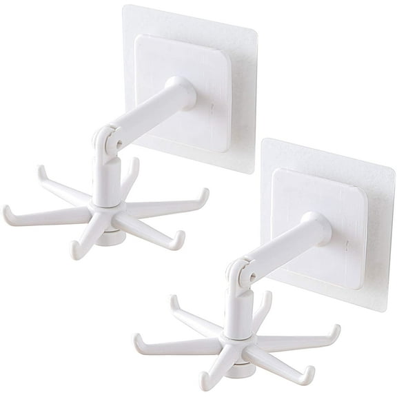 2Pcs 360° Rotating Folding Hook, Self-Adhesive 180°Vertical Flip Waterproof Utility Hook, Wall Mounted Kitchen Utensil Hanging Rack, Easy to Use for Home Office Travel(White)