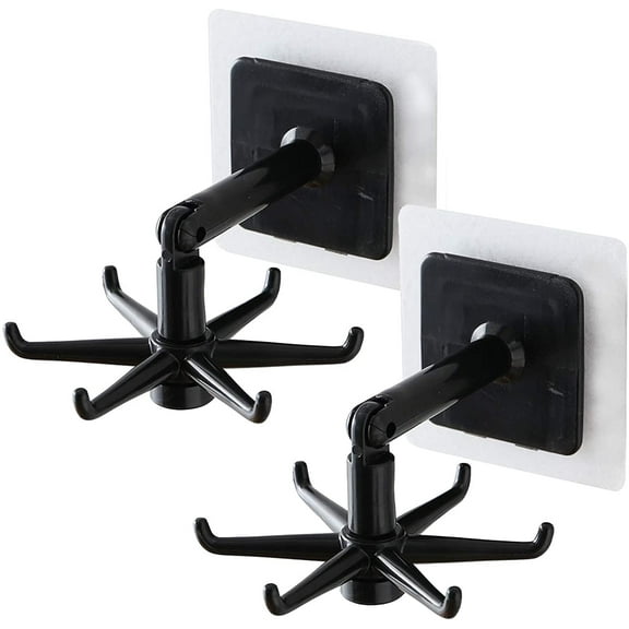 2Pcs 360° Rotating Folding Hook, Self-Adhesive 180°Vertical Flip Waterproof Utility Hook, Wall Mounted Kitchen Utensil Hanging Rack, Easy to Use for Home Office Travel(Black)