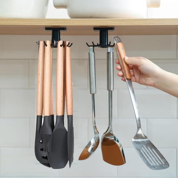 2Pcs 360  Rotating Kitchen Utility Hooks,Under Cabinet Kitchen Hooks for Utensils,Adhesive Kitchen Utensils Hanging Hooks for Kitchen Utensils/Tools/Towel/Knife(Black).