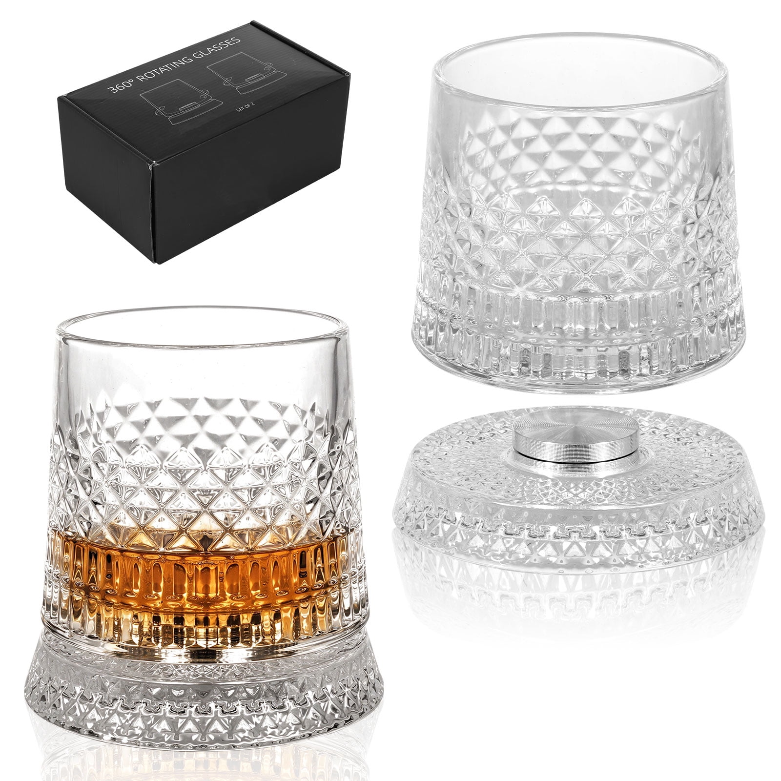 2Pcs 360° Rotating Whiskey Glass with Embossed Pattern 280 ml for ...