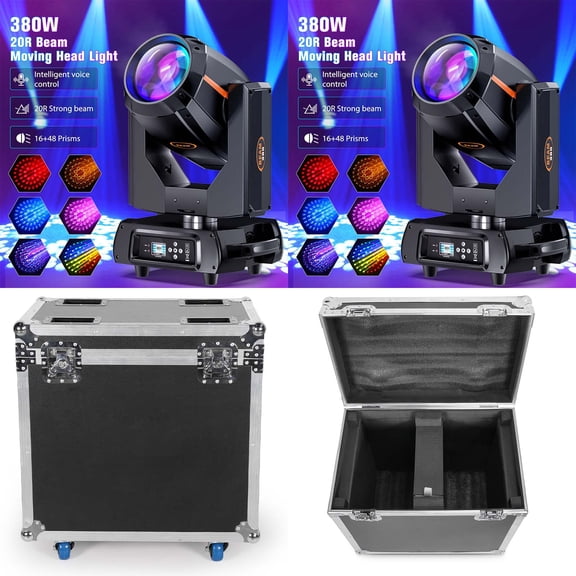 2Pcs 380W Moving Head DJ Lights with Flight Case, Stage Lights with 15 Color 14 Gobo 64 Prism 15/17CH, Self-propelled + Sound-activated + Master-slave + DMX Modes, LCD Liquid Display, Black + Orange