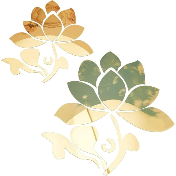2Pcs 3D Acrylic Mirror Wall Sticker Lotus Flower Decor Wall Art Decals Self Adhesive Removable Eco-Friendly for Home Bedroom Living Room Bathroom Decoration Small Big 2 Size(Gold)
