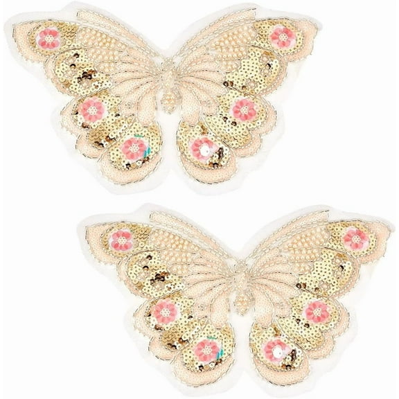 2Pcs 3D Butterfly Sequin Applique Pink Polyester Butterflies Embroidery Appliques Bling Pearl Beaded Paillette Lace Tulle Patches for Sewing Making Crafts Dresses Wedding Clothes DIY Supply colorful