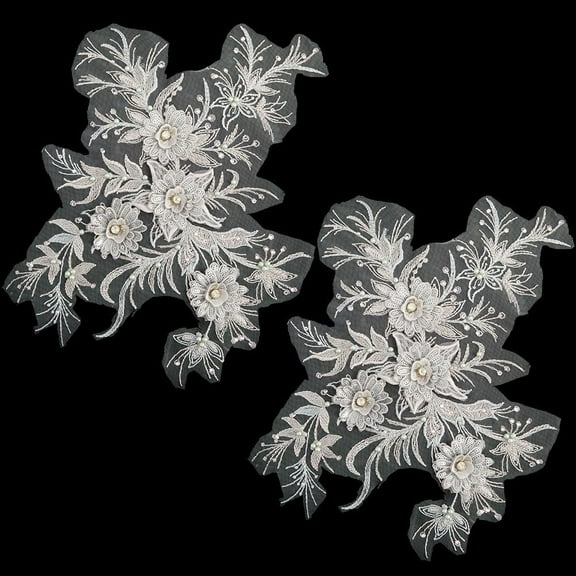 2Pcs 3D Embroidered Flower Fabric Rhinestone Sequin Beaded Applique Decorative Floral Embellishments Sew on Lace Patches for DIY Making